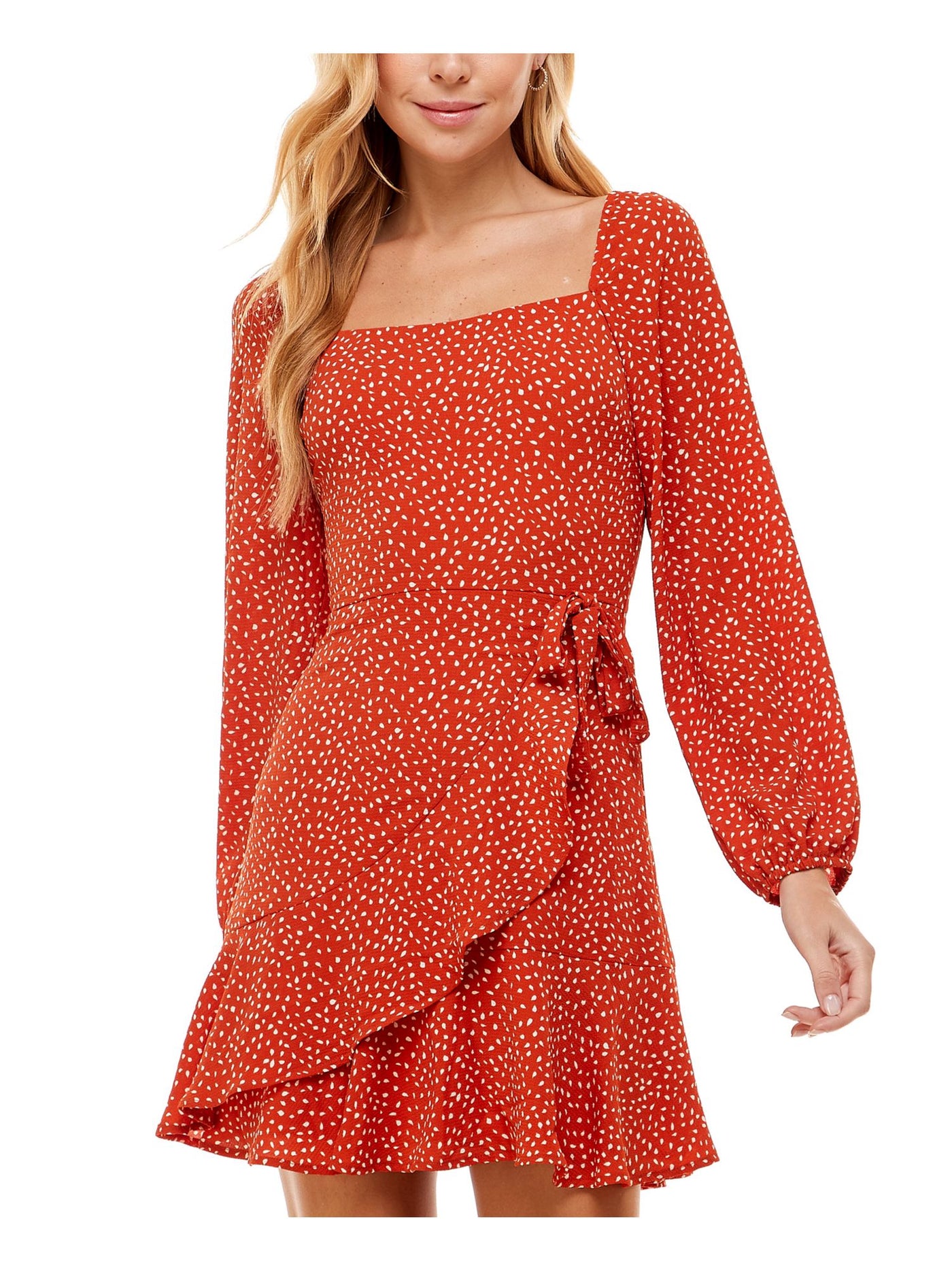 CITY STUDIO Womens Orange Zippered Textured Side Tie Ruffled Lined Printed Blouson Sleeve Square Neck Short Party Fit + Flare Dress Juniors 11