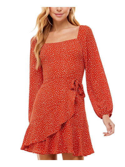 CITY STUDIO Womens Orange Zippered Textured Side Tie Ruffled Lined Printed Blouson Sleeve Square Neck Short Party Fit + Flare Dress Juniors 3