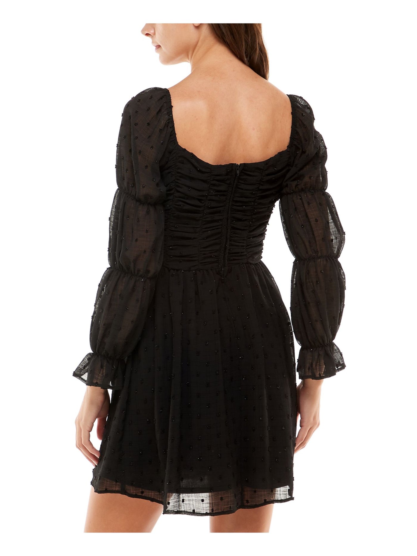 CRYSTAL DOLLS Womens Black Ruffled Sheer Long Sleeve Square Neck Short Party Shift Dress XXS