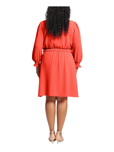 LONDON TIMES Womens Orange Smocked Blouson Sleeve Keyhole Above The Knee Blouson Dress Plus 22W