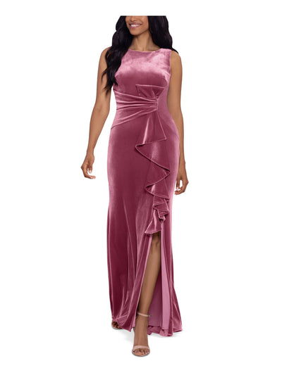 BETSY & ADAM Womens Textured Zippered Slitted With Cascading Ruffle Sleeveless Scoop Neck Full-Length Evening Gown Dress