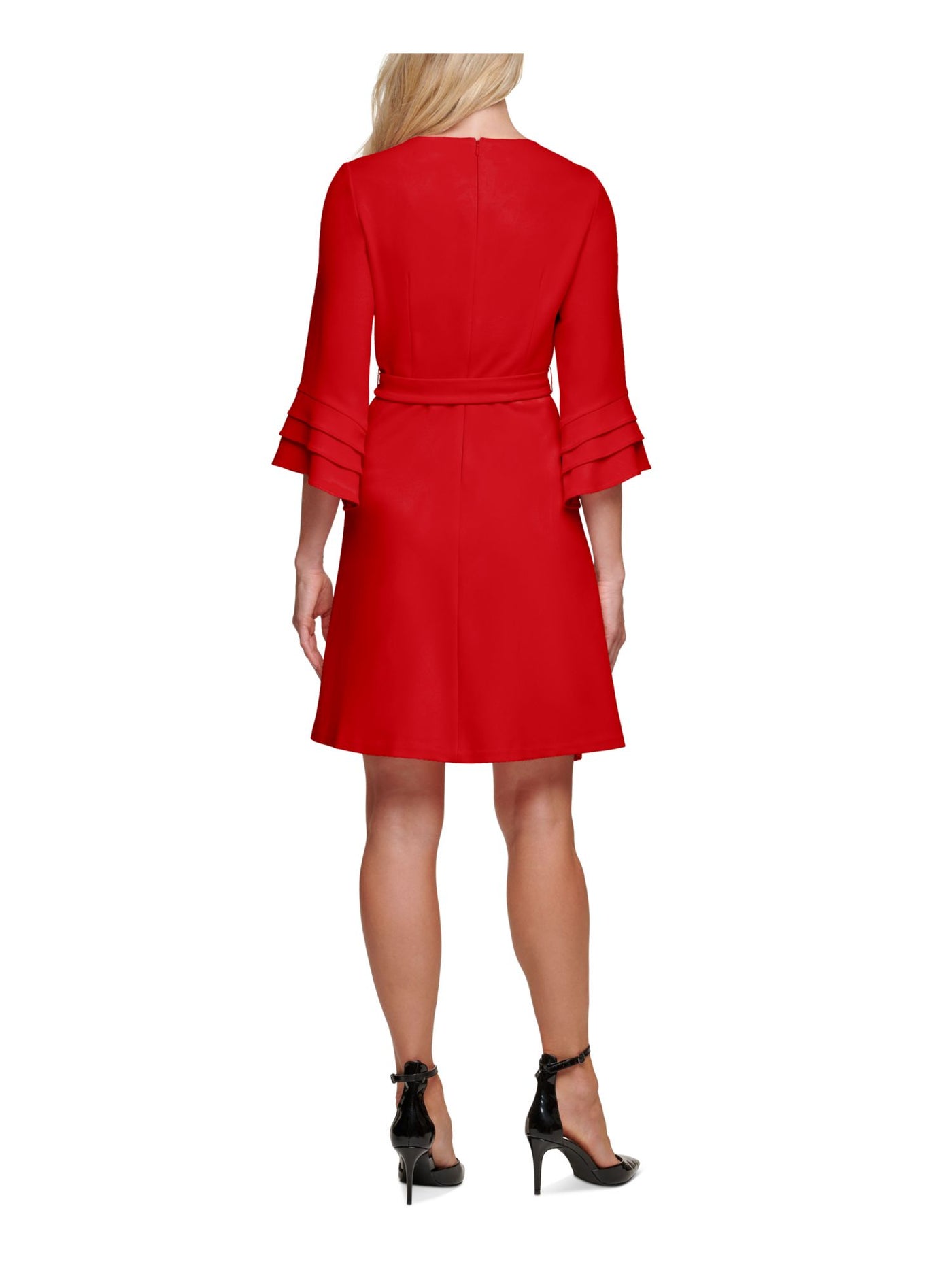 DKNY Womens Red Belted Zippered Textured Bell Sleeve Jewel Neck Above The Knee Wear To Work A-Line Dress 2