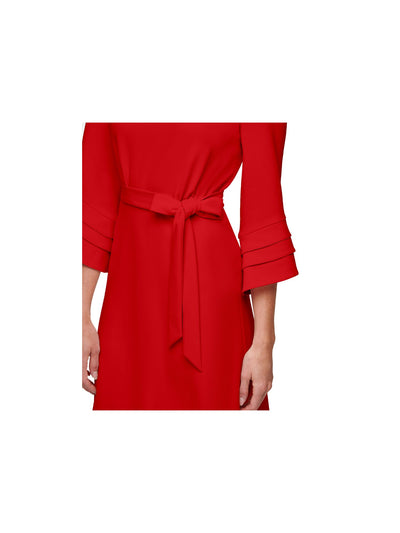 DKNY Womens Red Belted Zippered Textured Bell Sleeve Jewel Neck Above The Knee Wear To Work A-Line Dress 2