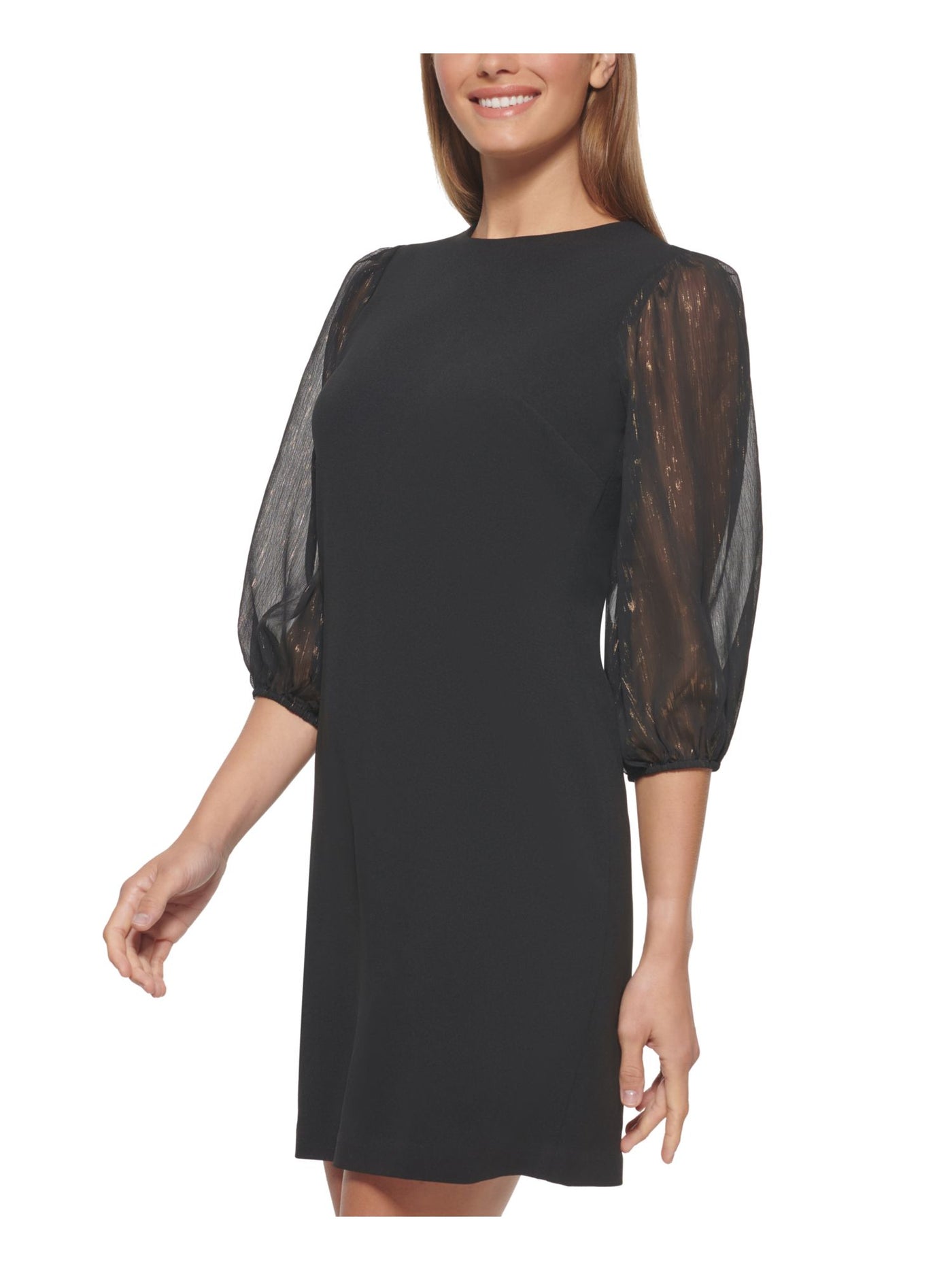 DKNY Womens Metallic Sheer Zippered 3/4 Sleeve Round Neck Above The Knee Cocktail Shift Dress