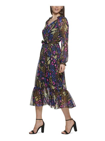 KENSIE DRESSES Womens Black Tie Ruffled Elastic Waist And Cuffs Lined Printed Long Sleeve V Neck Midi Wear To Work Fit + Flare Dress 2