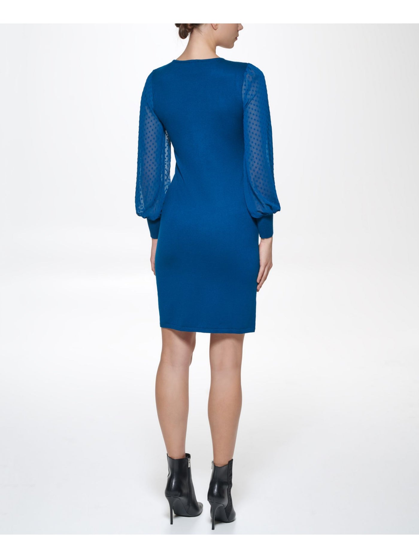 DKNY Womens Blue Stretch Ribbed Sheer Unlined Blouson Sleeve Crew Neck Knee Length Wear To Work Sheath Dress XL