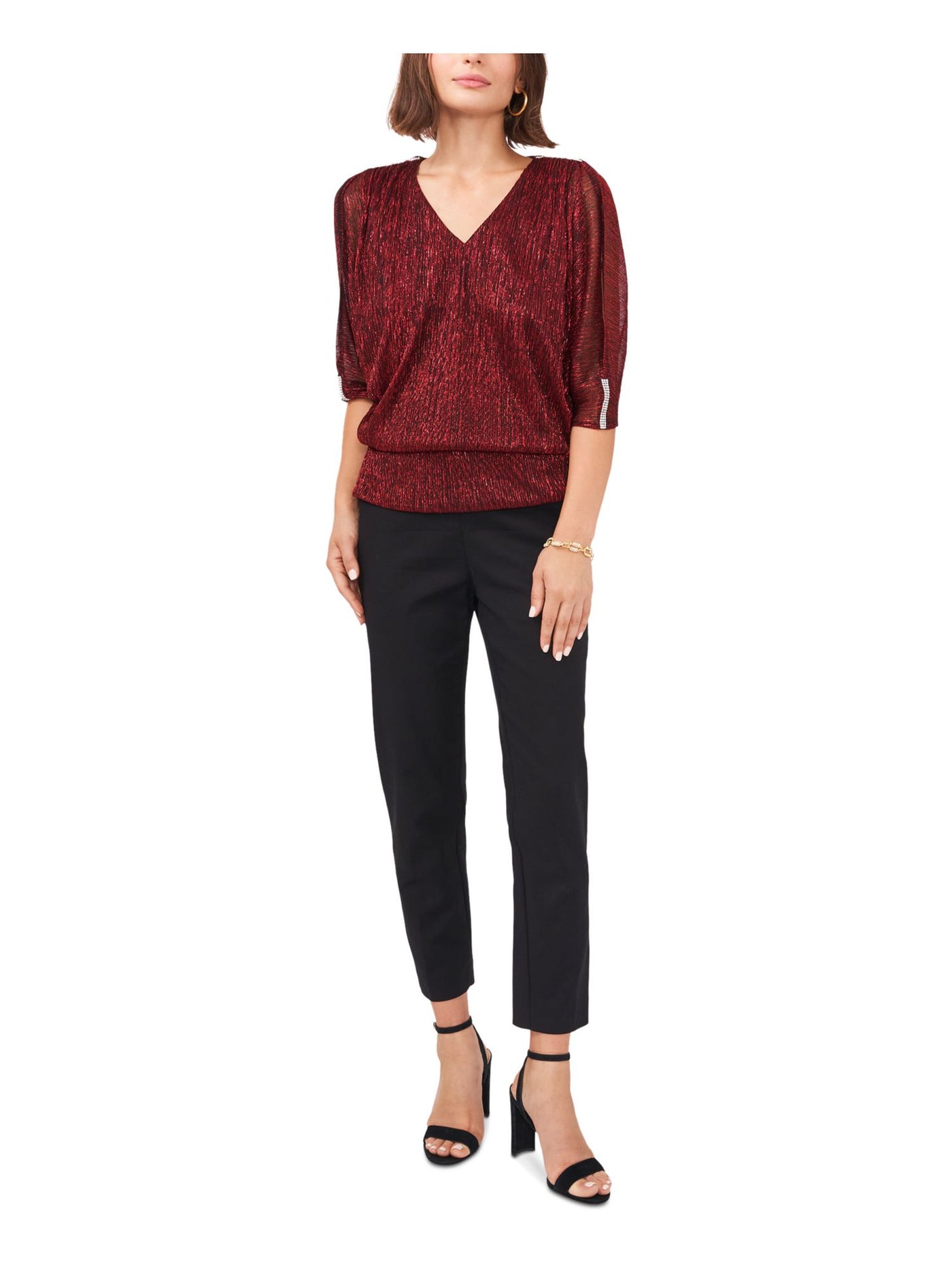 MSK PETITES Womens Red Rhinestone Cold Shoulder Semi-sheer  Lined Metallic Dolman Sleeve V Neck Evening Peplum Top Petites PM
