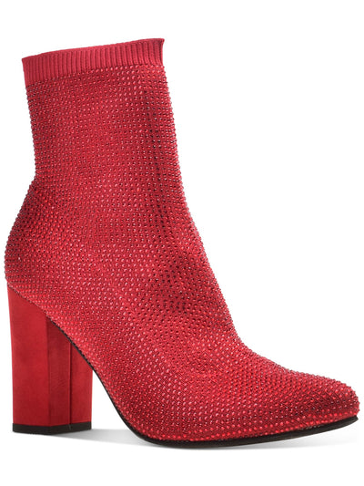 WILD PAIR Womens Red Sock Cushioned Rhinestone Stretch Baybe Pointed Toe Block Heel Booties 8 M