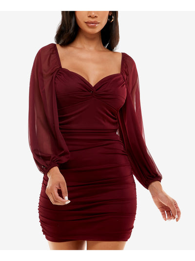 B DARLIN Womens Burgundy Ruched Twist Front Cut Out Tie Back Long Sleeve V Neck Short Party Body Con Dress Juniors L