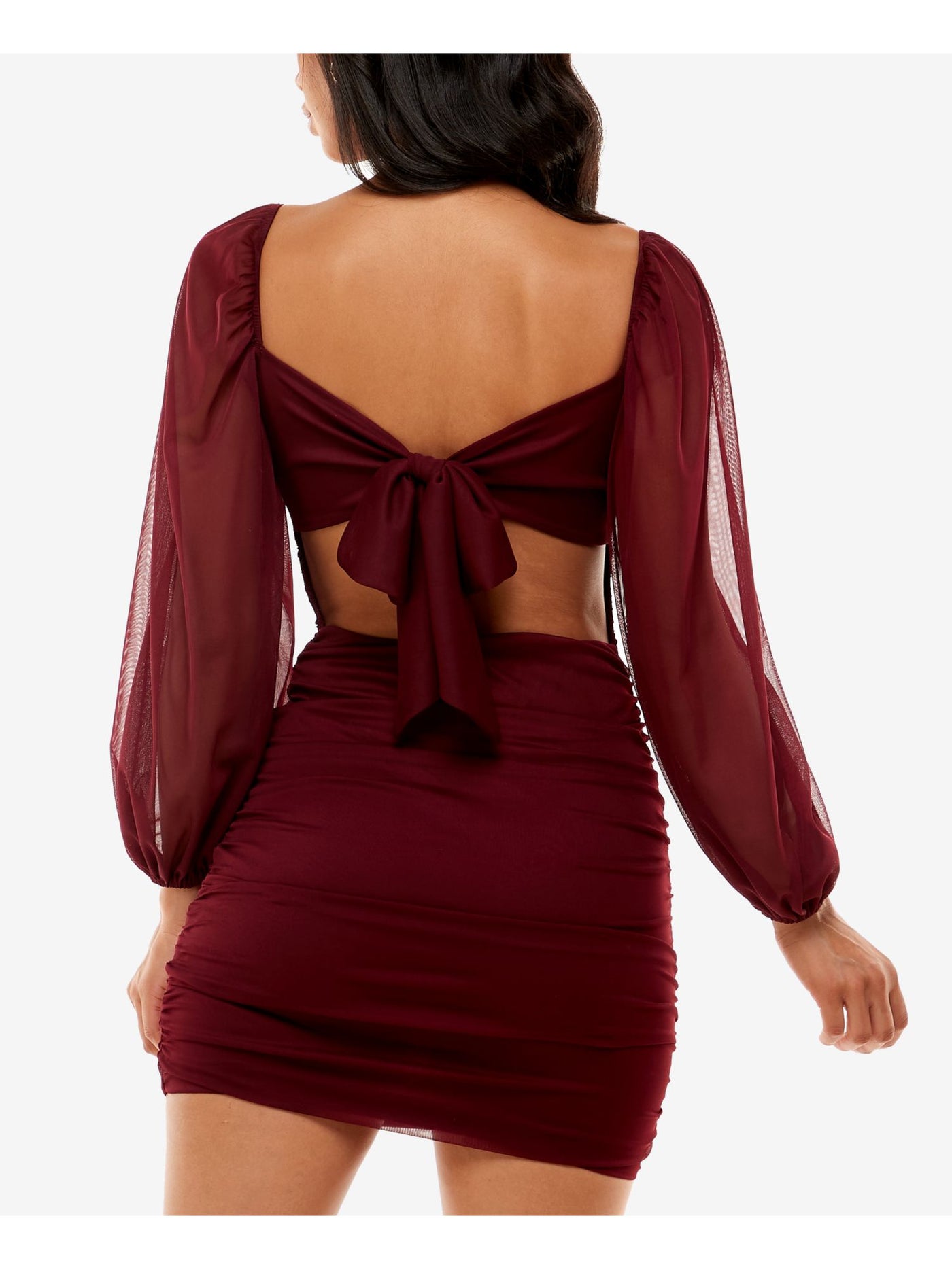 B DARLIN Womens Burgundy Ruched Twist Front Cut Out Tie Back Long Sleeve V Neck Short Party Body Con Dress Juniors XS