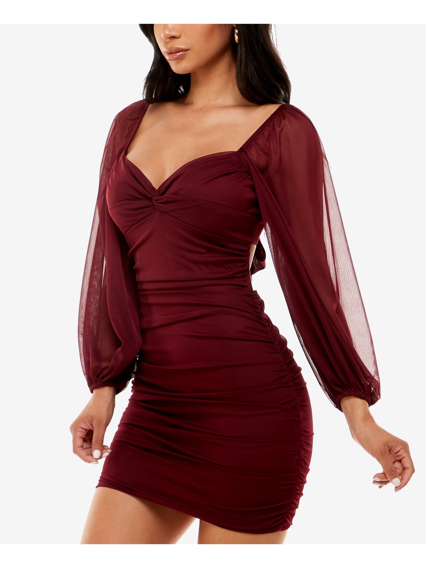 B DARLIN Womens Burgundy Ruched Twist Front Cut Out Tie Back Long Sleeve V Neck Short Party Body Con Dress Juniors XS