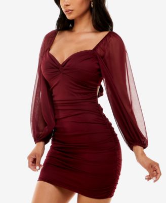 B DARLIN Womens Burgundy Ruched Twist Front Cut Out Tie Back Long Sleeve V Neck Short Party Body Con Dress Juniors XS