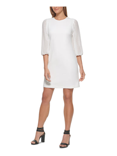 DKNY Womens White Stretch Zippered Clip Dot Sheer Elbow Sleeve Round Neck Above The Knee Wear To Work Shift Dress 12