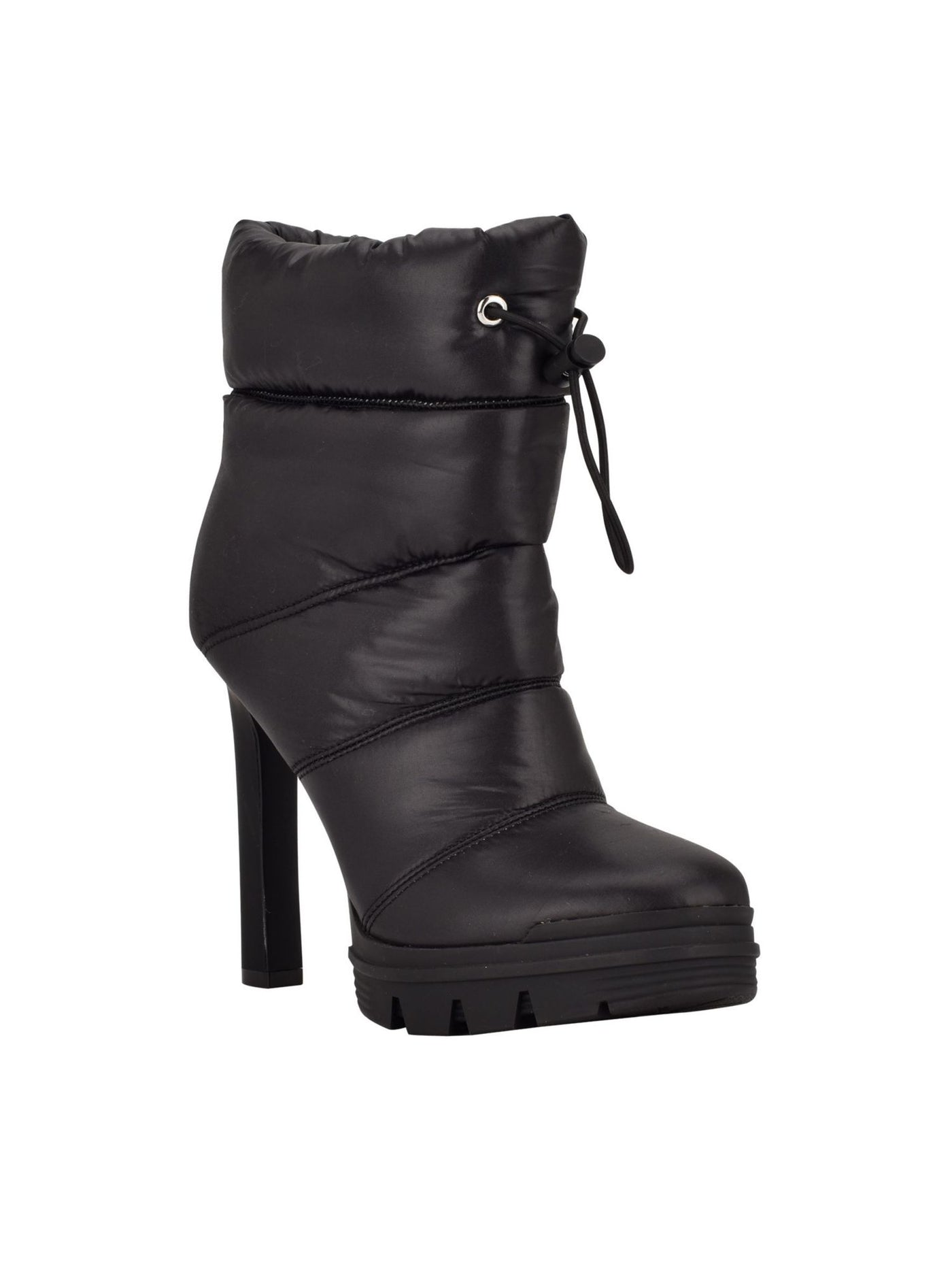 GUESS Womens Black Drawstring Puffy Upper Lug Sole Padded Jara Round Toe Stiletto Slip On Heeled Boots 7 M