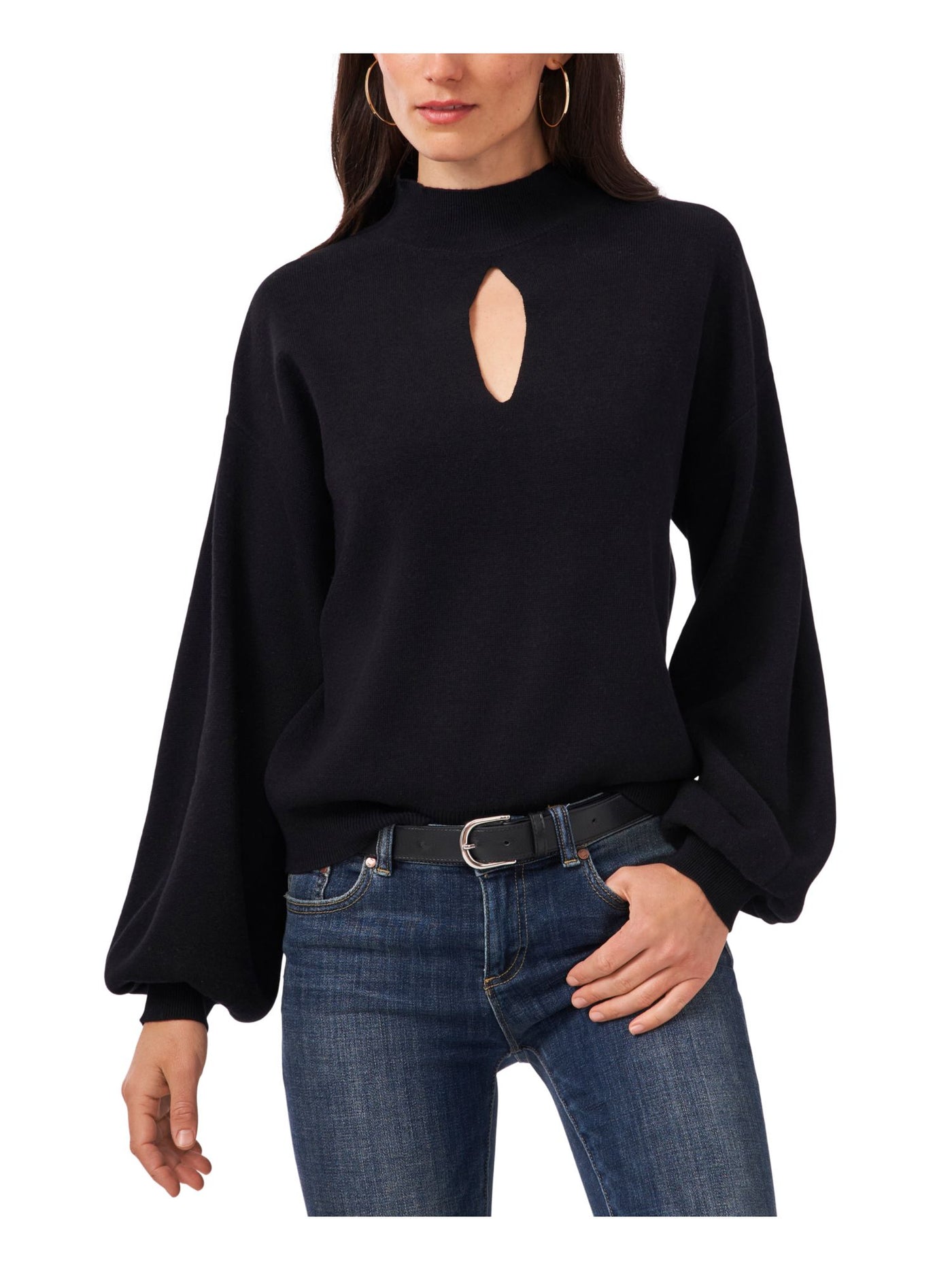 VINCE CAMUTO Womens Black Heather Blouson Sleeve Keyhole Wear To Work Sweater L