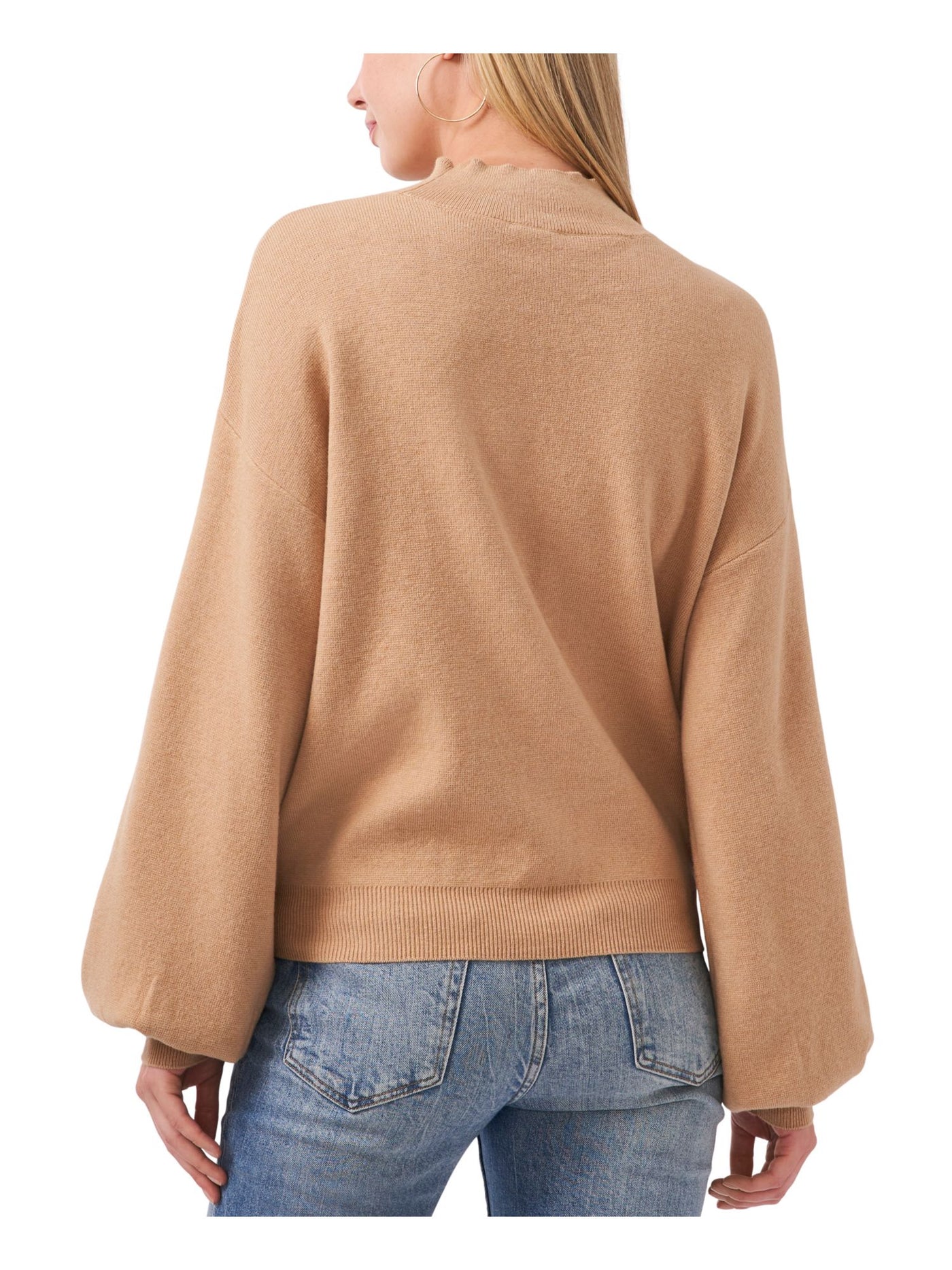 VINCE CAMUTO Womens Beige Ribbed Mock-neck Drop Shoulders Blouson Sleeve Keyhole Sweater M