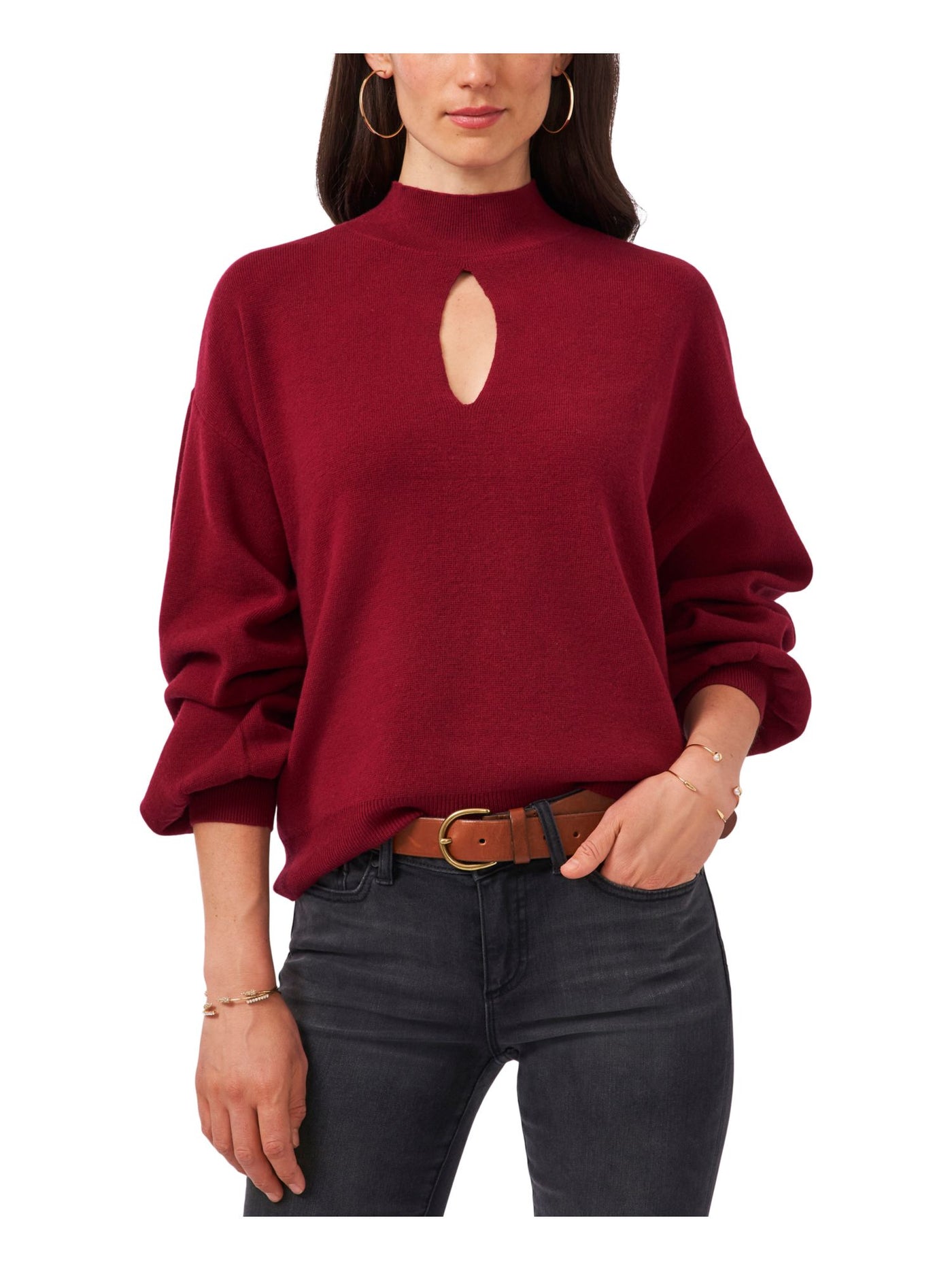 VINCE CAMUTO Womens Red Ribbed Mock-neck Blouson Sleeve Keyhole Top L