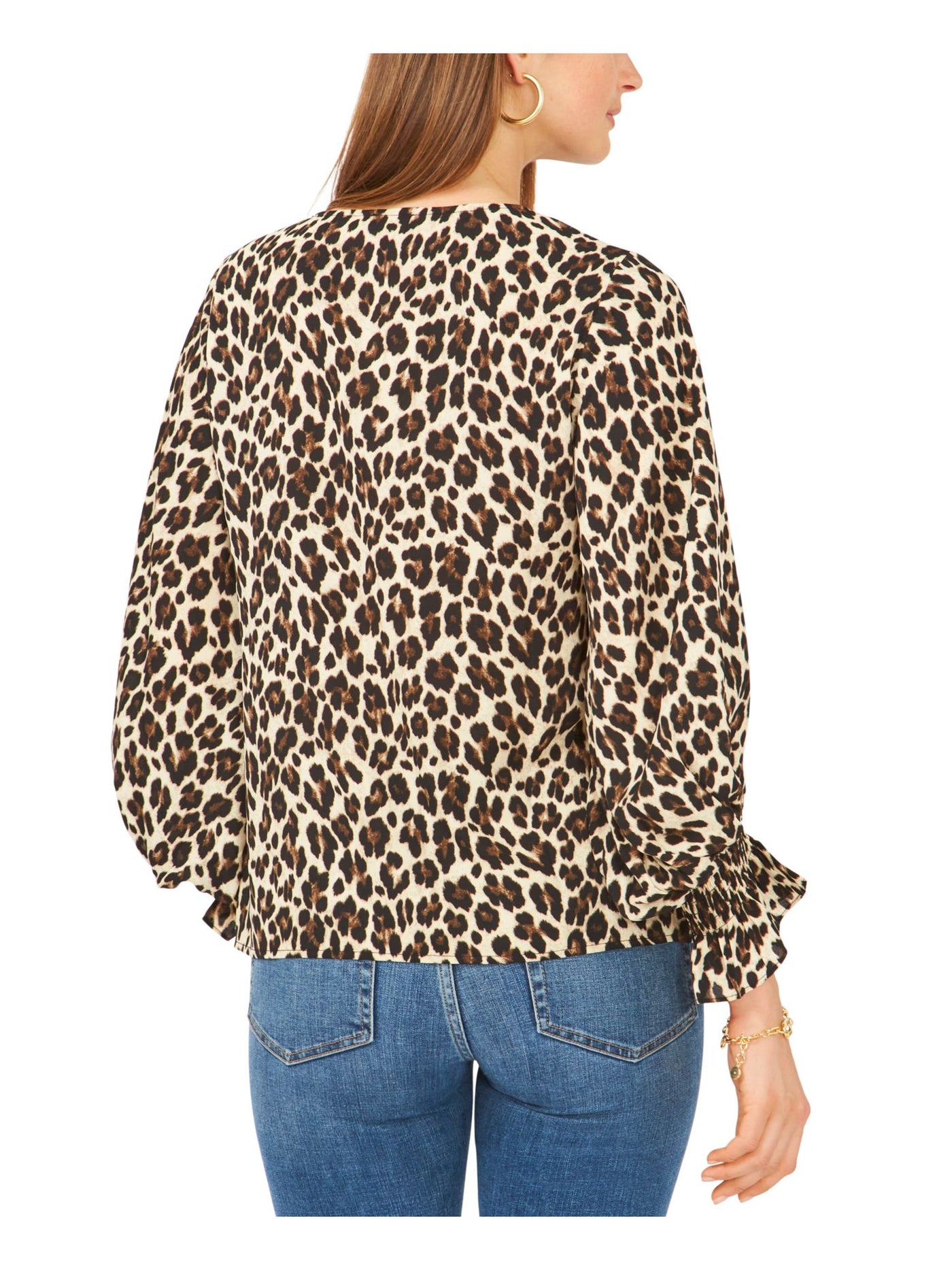 VINCE CAMUTO Womens Beige Smocked Bell Cuffs Animal Print Long Sleeve V Neck Top XS