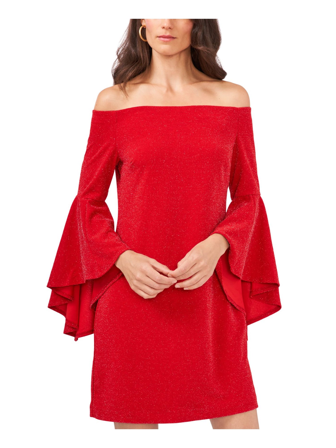 VINCE CAMUTO Womens Red Glitter Pullover Lined Bell Sleeve Off Shoulder Short Cocktail Shift Dress M