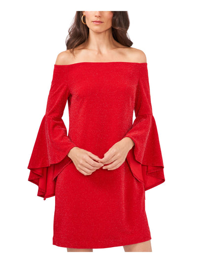 VINCE CAMUTO Womens Red Glitter Pullover Lined Bell Sleeve Off Shoulder Short Cocktail Shift Dress XXS