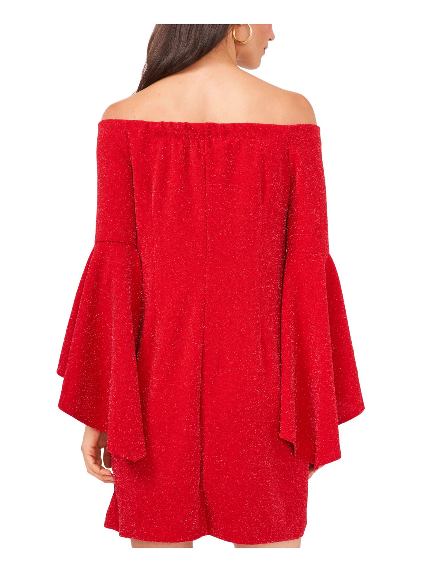 VINCE CAMUTO Womens Red Glitter Pullover Lined Bell Sleeve Off Shoulder Short Cocktail Shift Dress M