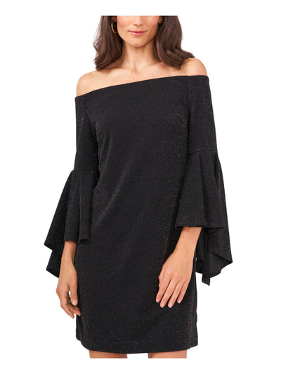 VINCE CAMUTO Womens Black Glitter Pullover Lined Bell Sleeve Off Shoulder Short Cocktail Shift Dress S