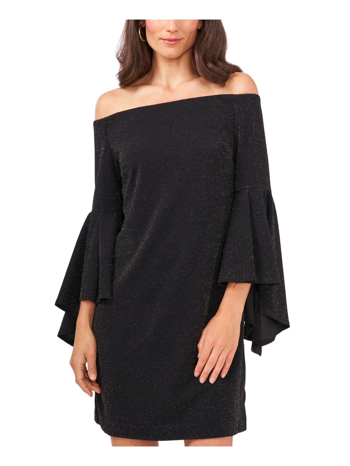 VINCE CAMUTO Womens Black Glitter Pullover Lined Bell Sleeve Off Shoulder Short Cocktail Shift Dress XS