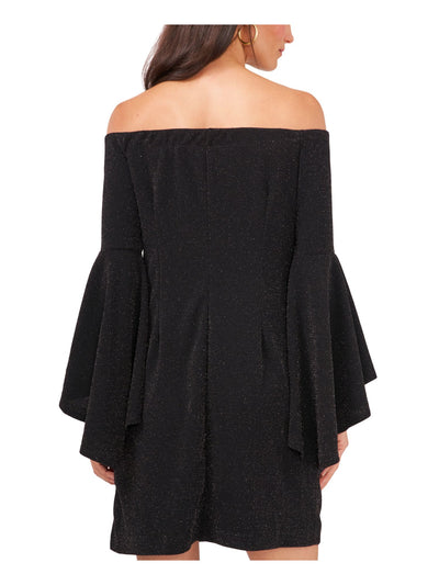 VINCE CAMUTO Womens Black Glitter Pullover Lined Bell Sleeve Off Shoulder Short Cocktail Shift Dress S