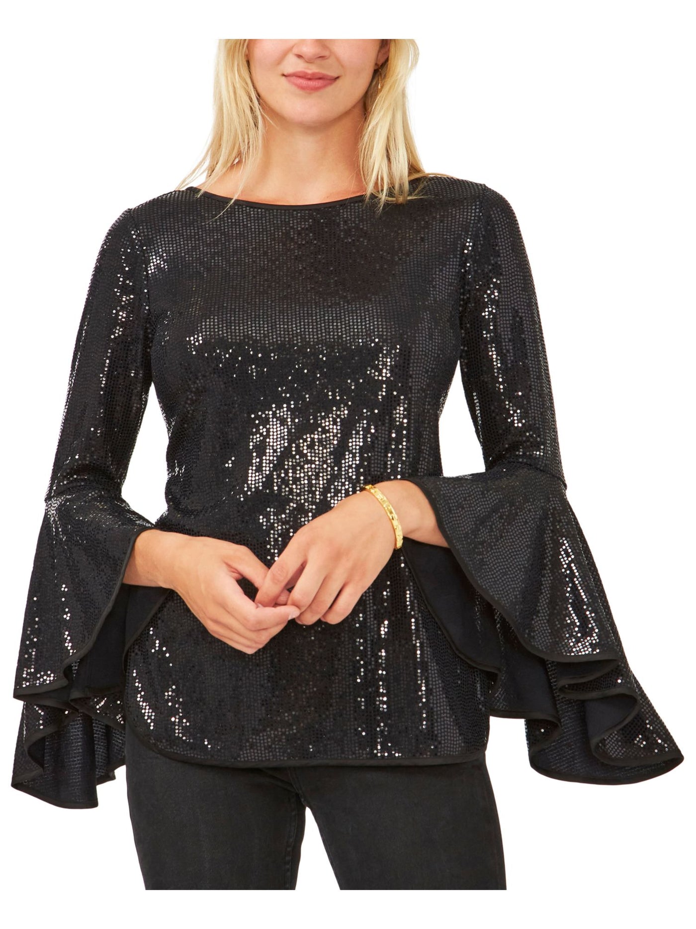 VINCE CAMUTO Womens Black Metallic Textured Sheer Unlined Flutter Sleeve Crew Neck Cocktail Top XS