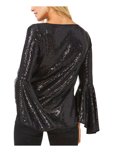 VINCE CAMUTO Womens Black Metallic Textured Sheer Unlined Flutter Sleeve Crew Neck Cocktail Top XS