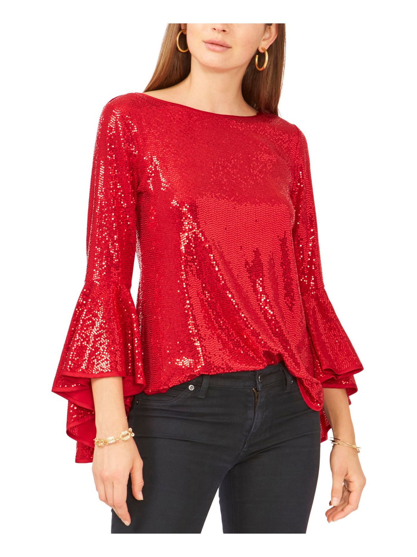 VINCE CAMUTO Womens Red Metallic Textured Curved Hem Flutter Sleeve Boat Neck Evening Top XS