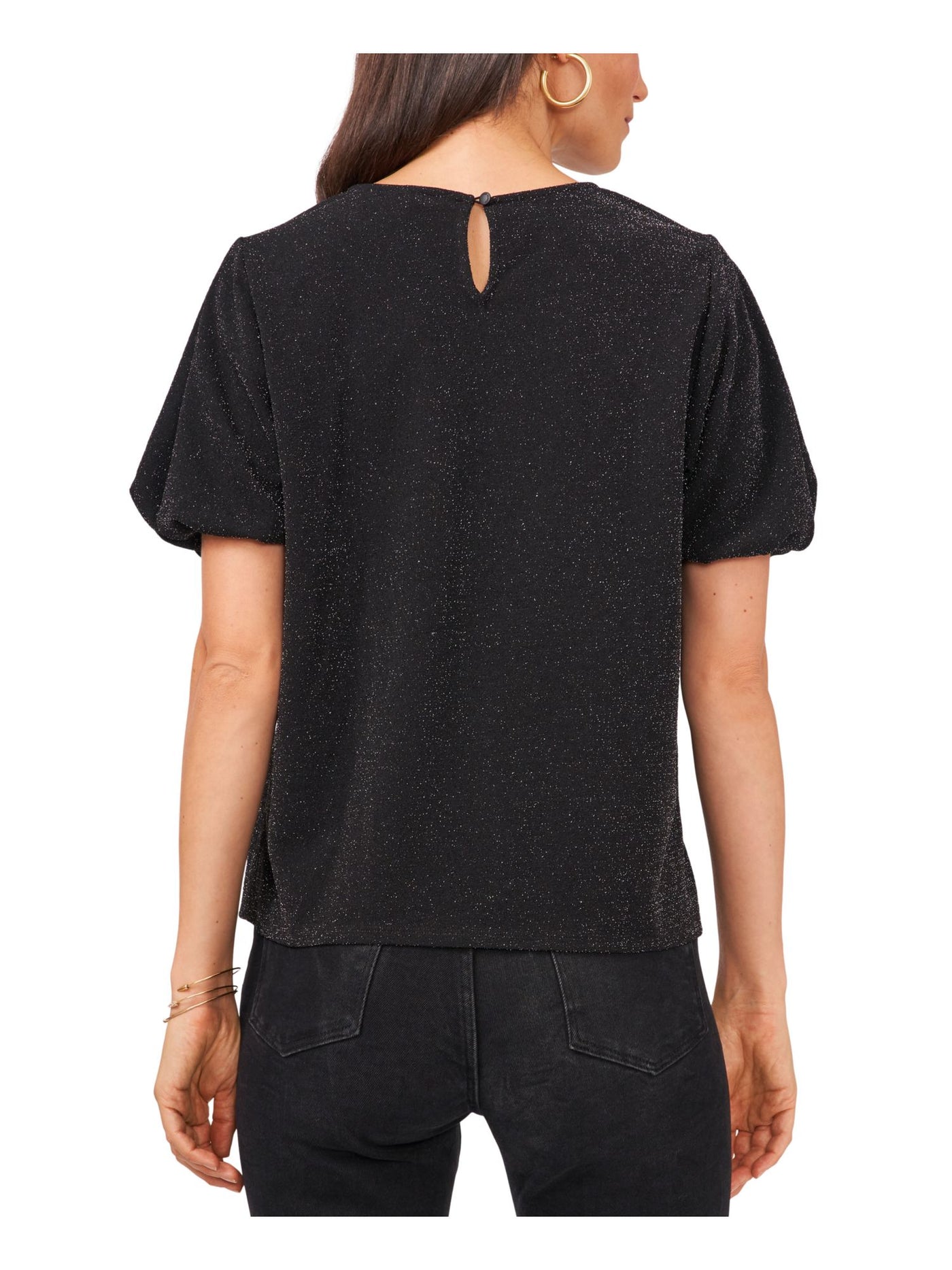 VINCE CAMUTO Womens Black Metallic Keyhole Lined Vented Sides Pouf Sleeve Crew Neck Cocktail Top XXS