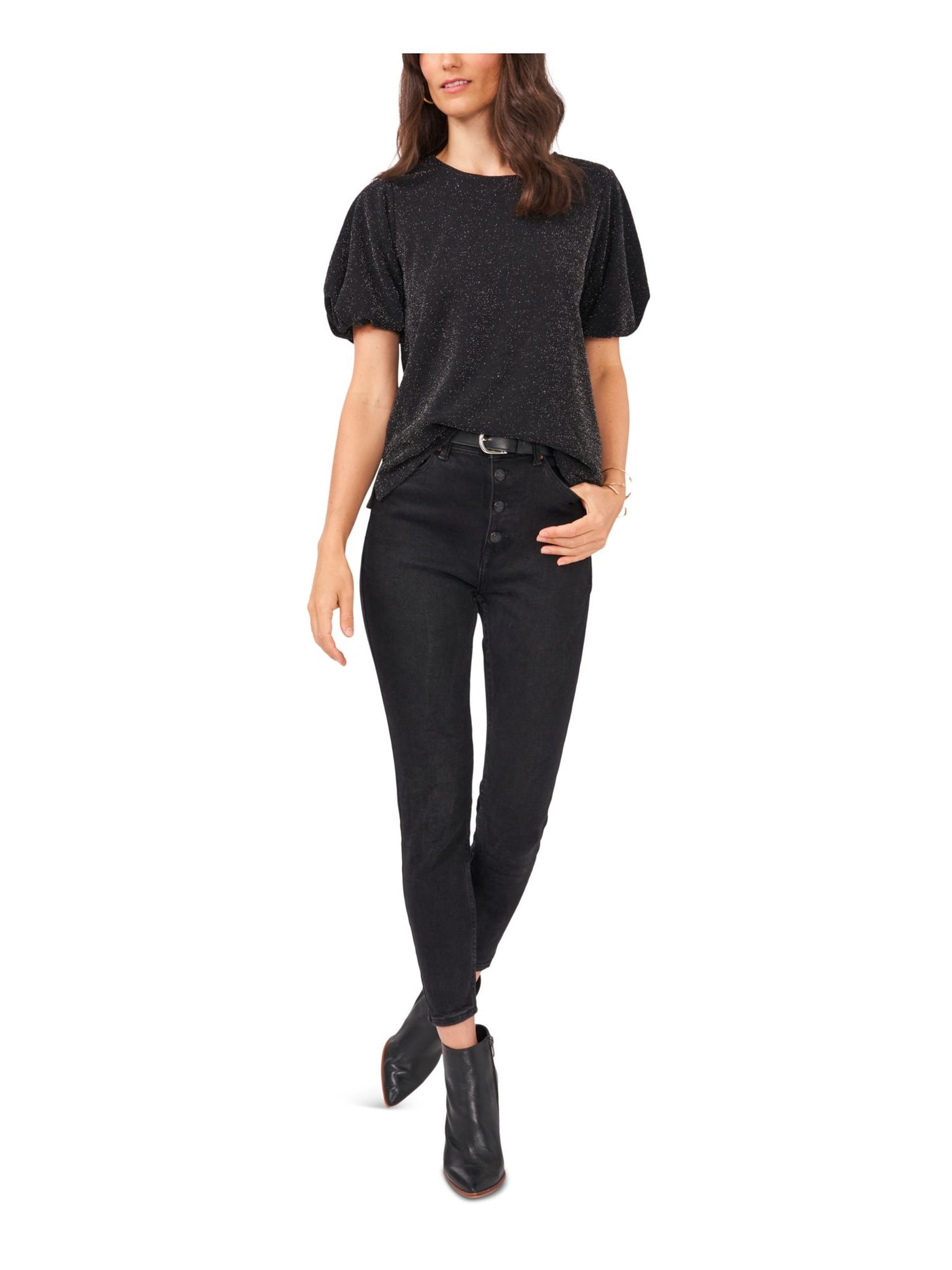 VINCE CAMUTO Womens Black Metallic Keyhole Lined Vented Sides Pouf Sleeve Crew Neck Cocktail Top XS