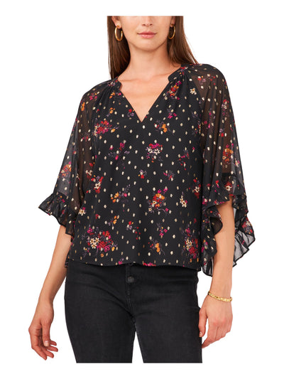 VINCE CAMUTO Womens Black Sheer Lined Floral Bell Sleeve V Neck Top S
