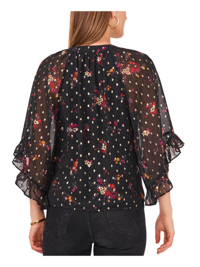 VINCE CAMUTO Womens Black Sheer Lined Floral Bell Sleeve V Neck Top XS