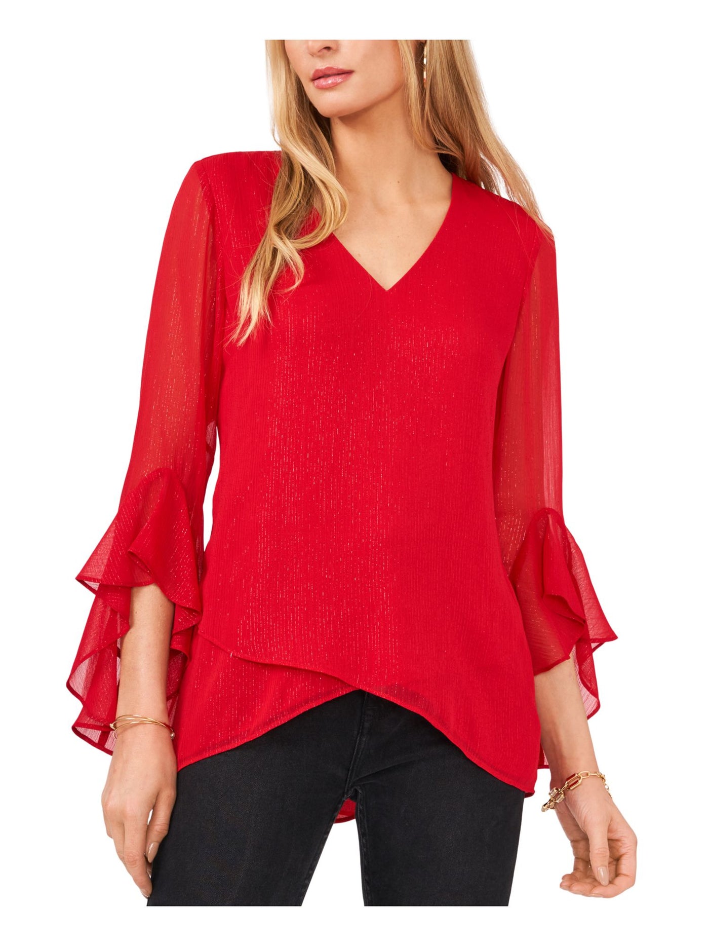 VINCE CAMUTO Womens Red Sheer Asymmetrical Front Hem Lined Flutter Sleeve V Neck Wear To Work Top XS
