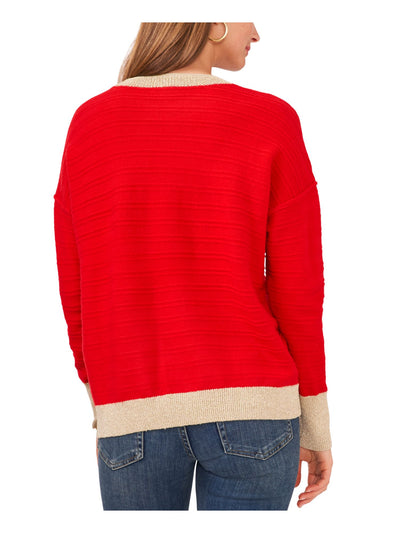 VINCE CAMUTO Womens Red Metallic Ribbed Color Block Long Sleeve Crew Neck Sweater L