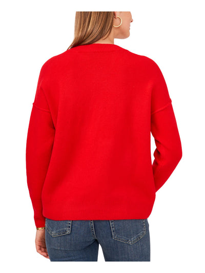 VINCE CAMUTO Womens Red Ribbed Printed Long Sleeve Crew Neck Sweater XS