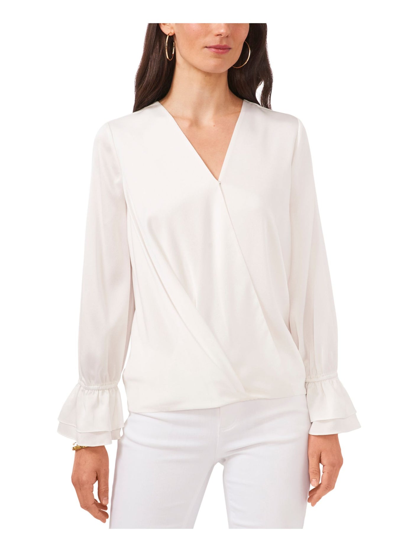 VINCE CAMUTO Womens Ivory Pleated Ruffled-cuff Step Hem Long Sleeve Surplice Neckline Wear To Work Faux Wrap Top XS