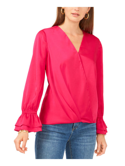 VINCE CAMUTO Womens Pink Pleated Ruffled-cuff Step Hem Long Sleeve Surplice Neckline Faux Wrap Top S