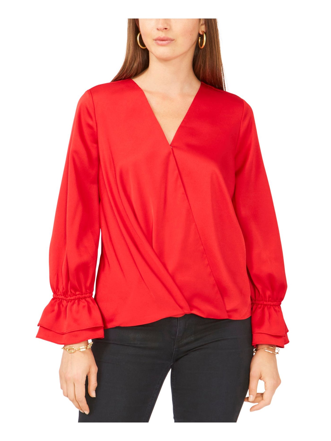 VINCE CAMUTO Womens Red Sheer Ruffled-cuff Long Sleeve Surplice Neckline Wear To Work Faux Wrap Top S