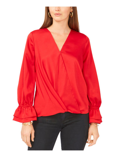 VINCE CAMUTO Womens Red Pleated Ruffled-cuff Step Hem Long Sleeve Surplice Neckline Faux Wrap Top XS