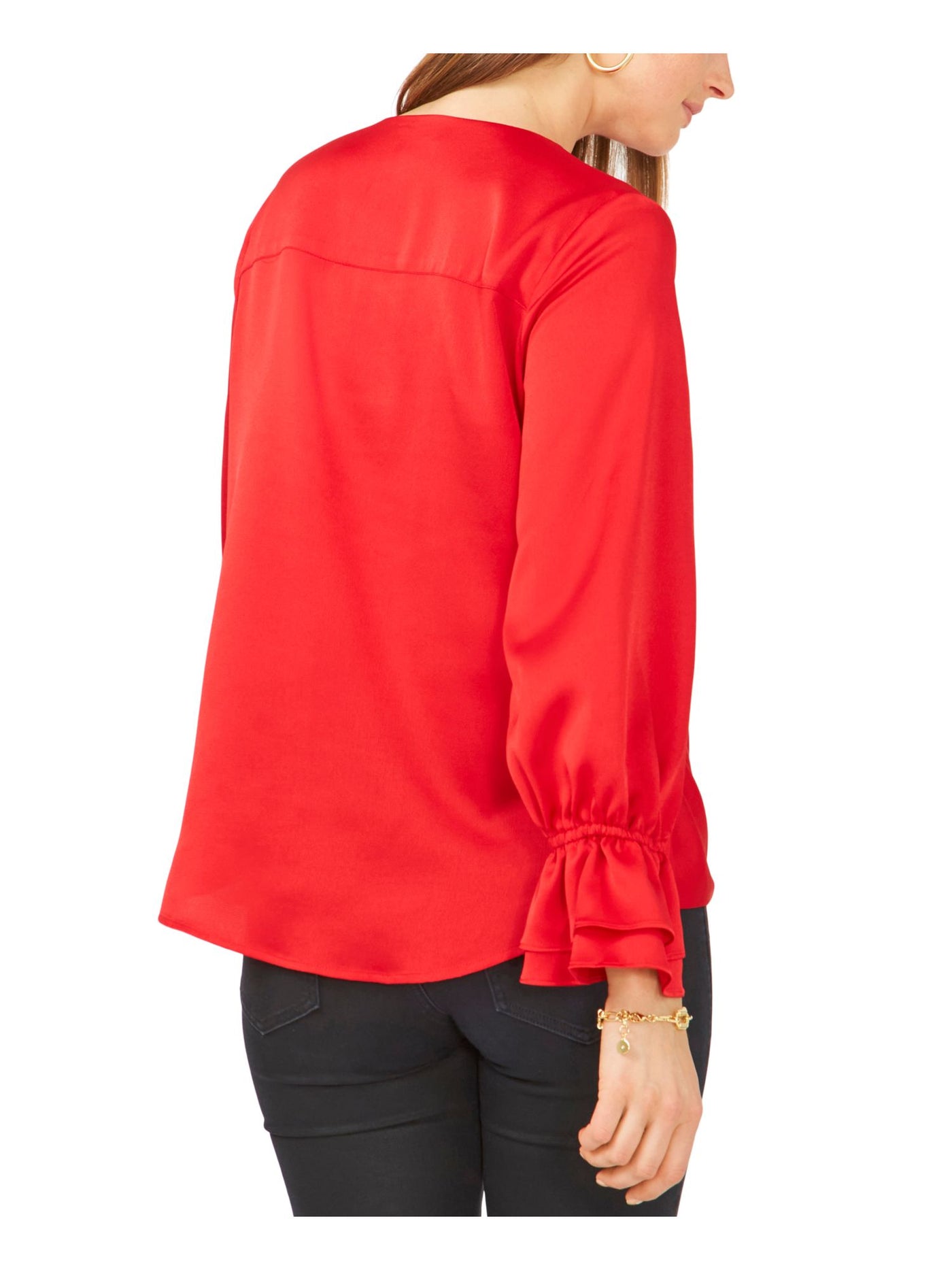 VINCE CAMUTO Womens Red Pleated Ruffled-cuff Step Hem Long Sleeve Surplice Neckline Faux Wrap Top M