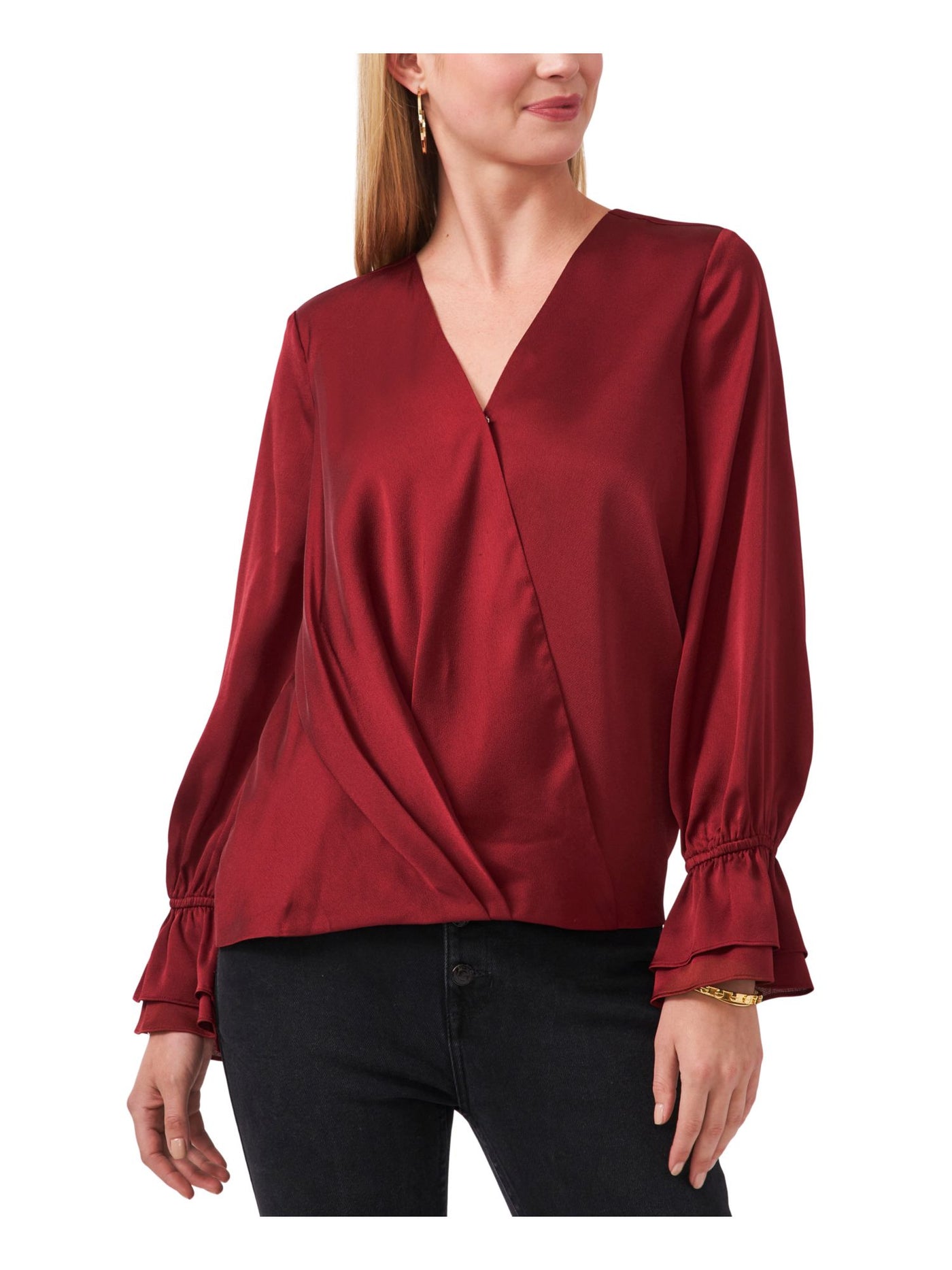 VINCE CAMUTO Womens Red Pleated Ruffled-cuff Step Hem Long Sleeve Surplice Neckline Wear To Work Faux Wrap Top M