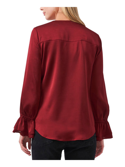 VINCE CAMUTO Womens Red Pleated Ruffled-cuff Step Hem Long Sleeve Surplice Neckline Wear To Work Faux Wrap Top M