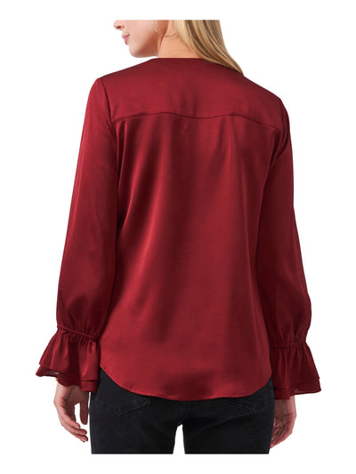 VINCE CAMUTO Womens Maroon Pleated Ruffled-cuff Step Hem Long Sleeve Surplice Neckline Wear To Work Faux Wrap Top XS