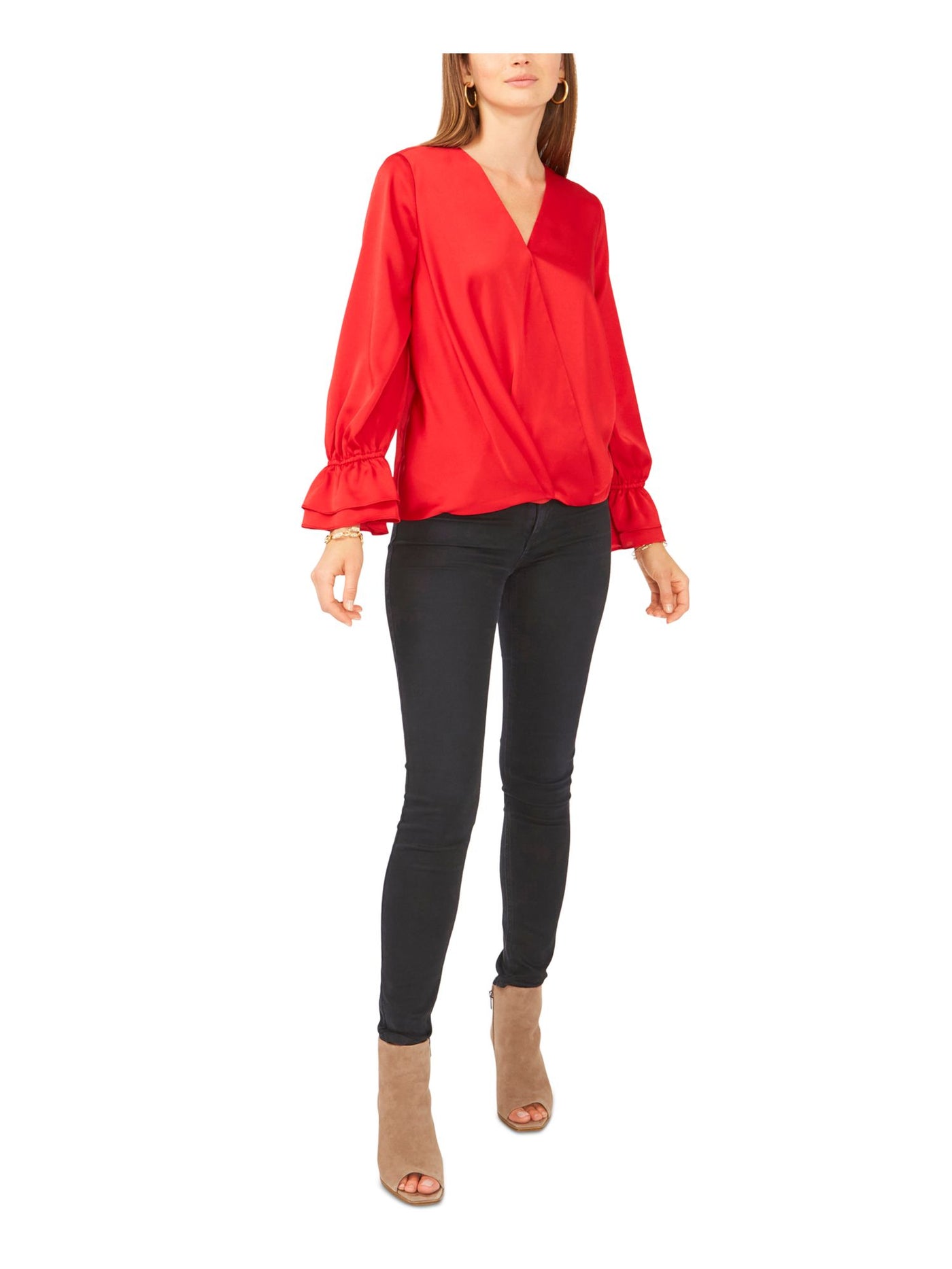 VINCE CAMUTO Womens Red Sheer Ruffled-cuff Long Sleeve Surplice Neckline Wear To Work Faux Wrap Top S