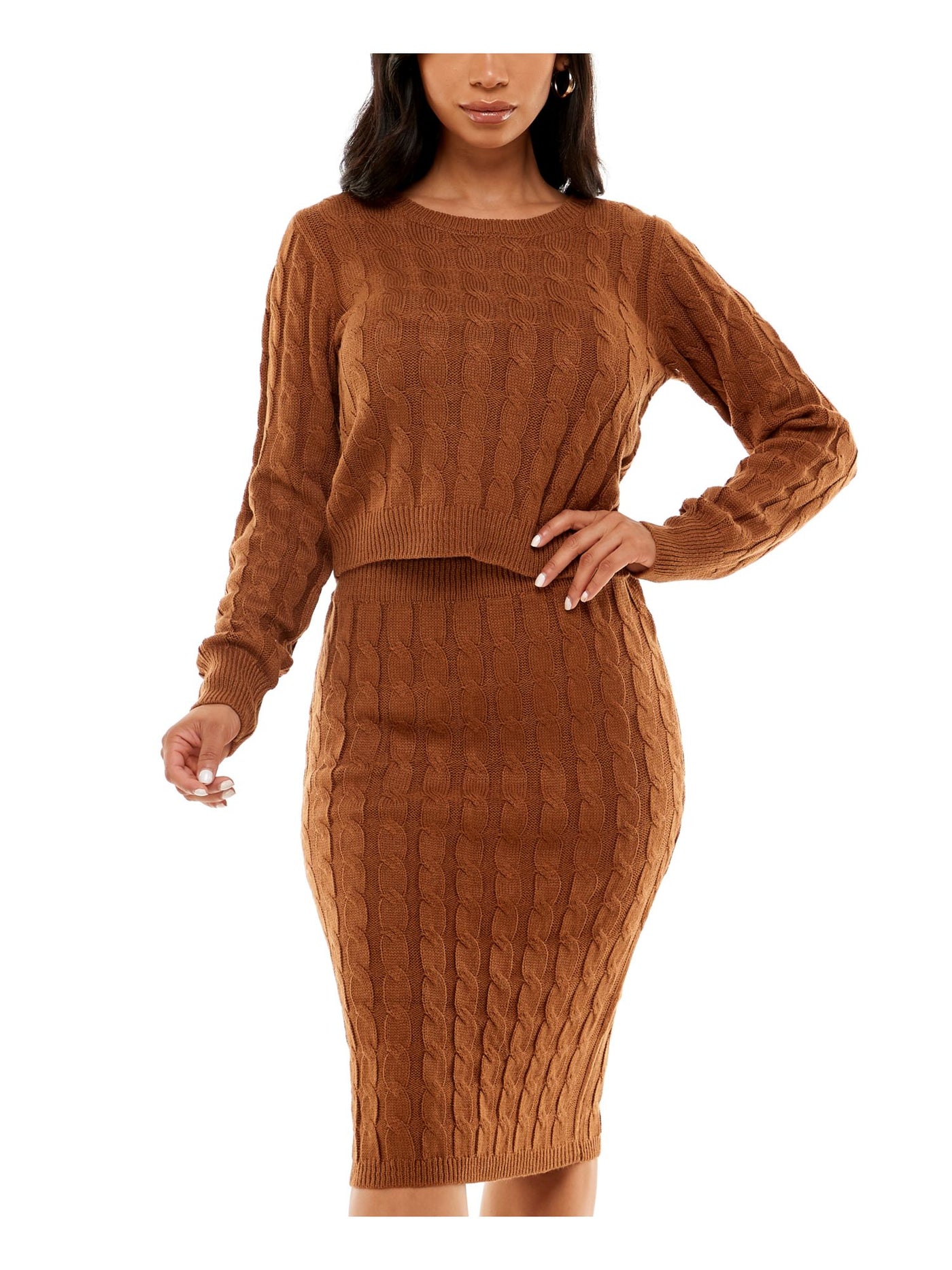 ALMOST FAMOUS Womens Brown Long Sleeve Jewel Neck Knee Length Party Body Con Dress Juniors S