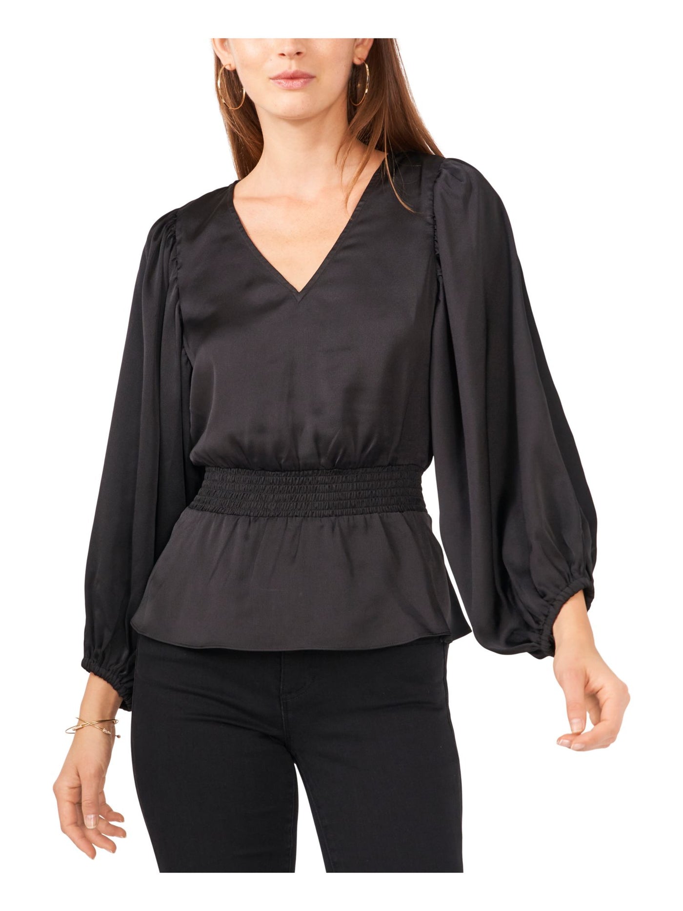 VINCE CAMUTO Womens Black Smocked Blouson Sleeve V Neck Wear To Work Peplum Top XS