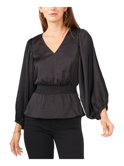 VINCE CAMUTO Womens Black Smocked Blouson Sleeve V Neck Wear To Work Peplum Top L